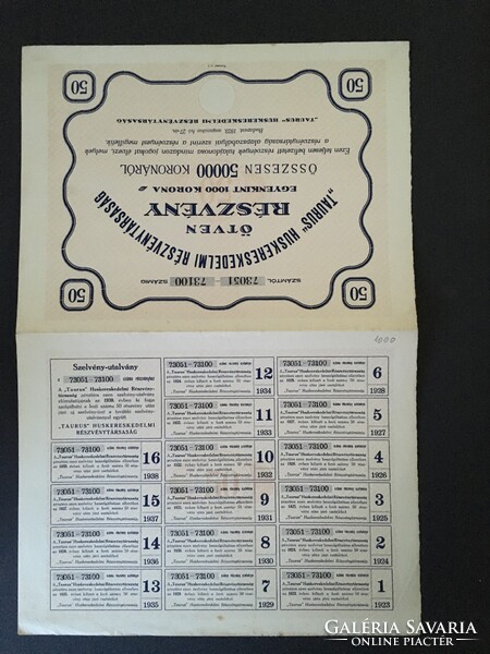 Taurus Húskereskedelmi Rt. Részvény 50000 Korona 1923.