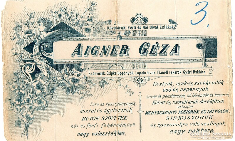 Számla, jegyzék: Aigner Géza Szeged, 1901. (reklám)
