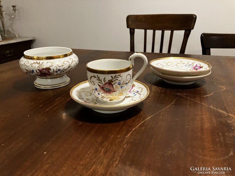 Ritka Kriegel&Co biedermeier csésze, 3 alátét, cukortartó
