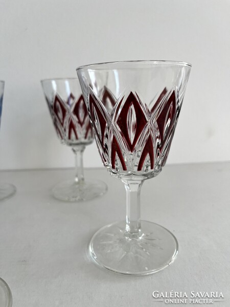 Régi, vintage francia VMC Reims boros, likőrös, színes kristály pohár készlet