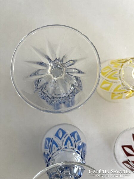 Régi, vintage francia VMC Reims boros, likőrös, színes kristály pohár készlet