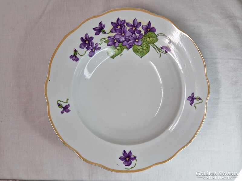 Régi Zsolnay pajzspecsétes ibolya mintás porcelán mély tányér hibátlan állapotban 23,5 cm átmérőjű