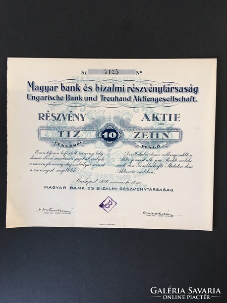 Magyar Bank és Bizalmi Részvénytársaság Részvény 10 Pengő 1926.