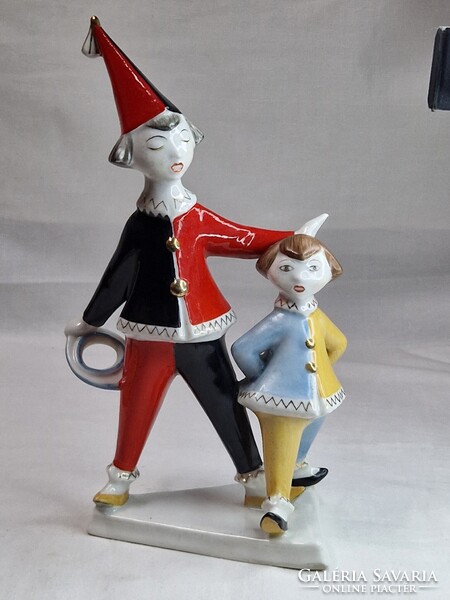 Hollóházi Art Deco stílusú kézi festésű porcelán bohóc pár hibátlan állapotban 22 cm. magas