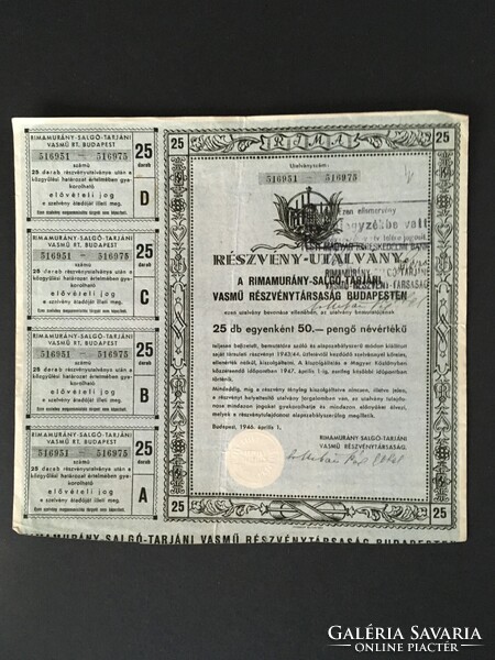 Rimamurány-Salgó-Tarjáni Vasmű Rt. Részvényutalvány 50 Pengő 1946..