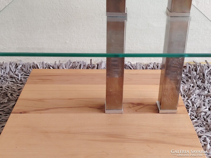 Design üveg asztal króm tölgyfa kerekekkel ALKUDHATÓ