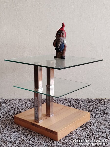 Design üveg asztal króm tölgyfa kerekekkel ALKUDHATÓ