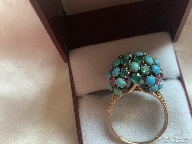 Csodálatos rubin-smaragd türkiz gyűrű 585 arany