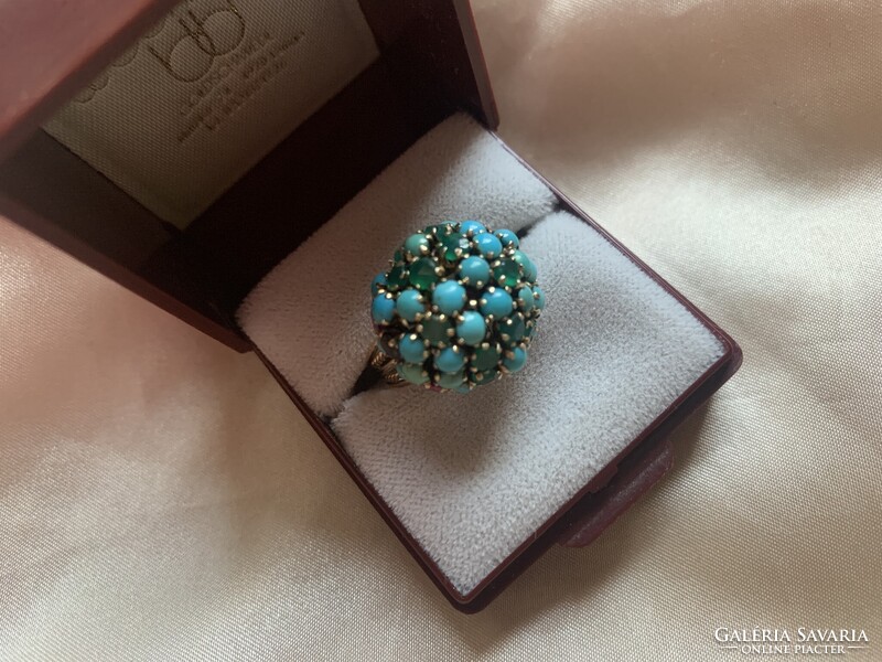 Csodálatos rubin-smaragd türkiz gyűrű 585 arany