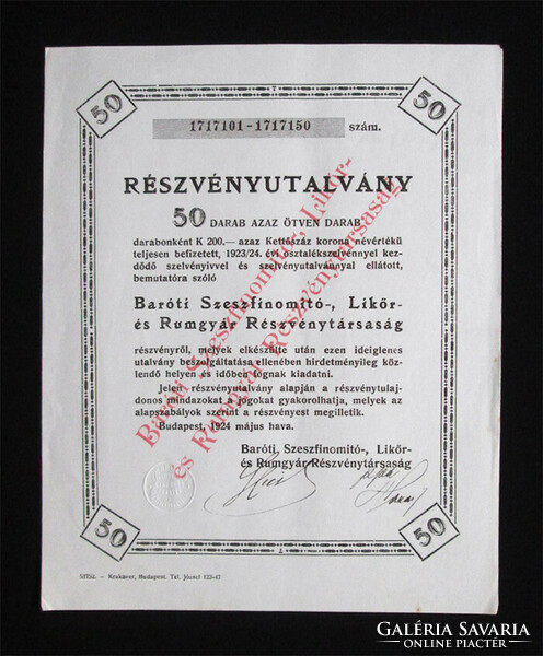 Baróti Szeszfinomító-, Likőr- és Rumgyár részvényutalvány 50x200 (10000) korona 1924