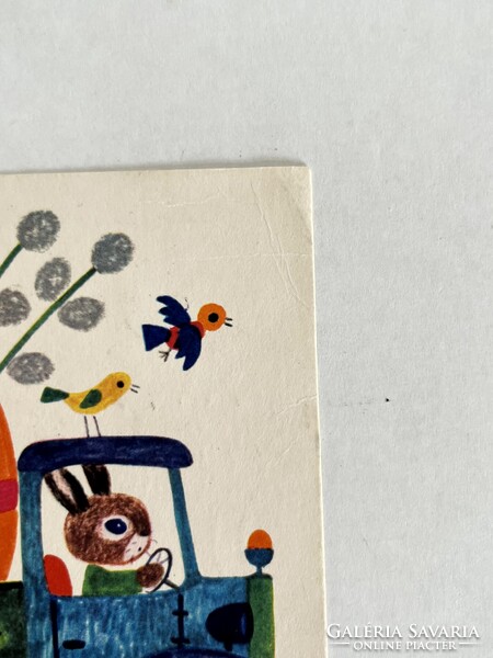 2db régi, retro grafikus, rajzos, nyuszis húsvéti képeslap - grafika: Boór Vera, Demjén Zsuzsa