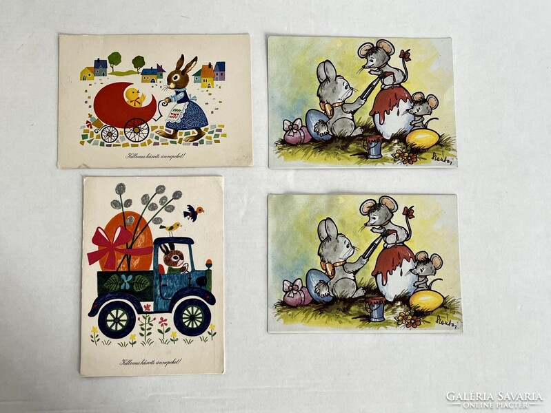2db régi, retro grafikus, rajzos, nyuszis húsvéti képeslap - grafika: Boór Vera, Demjén Zsuzsa