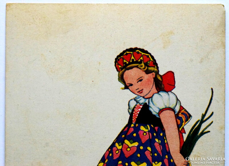 Régi grafikus üdvözlő  képeslap  -  kislány virággal
