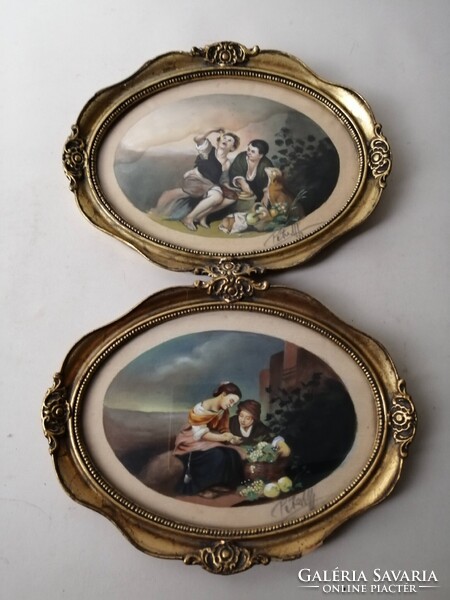 2 DB ANTIK SELYEMKÉP OVÁLIS KERETBEN