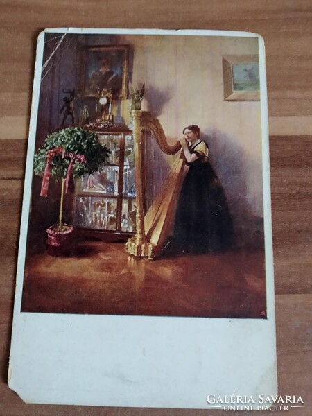 Antik romantikus képeslap,  hárfázó hölgy, nő, 1922-ből