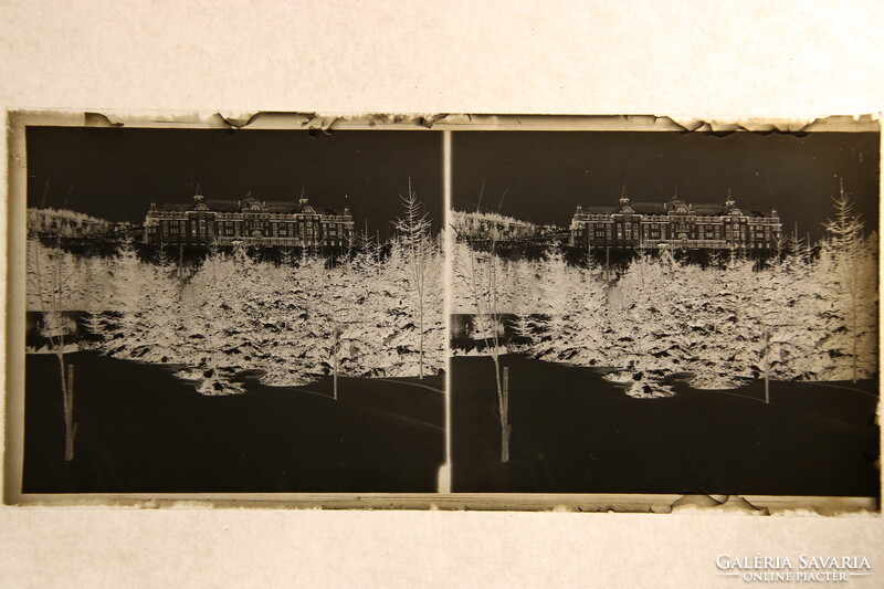 Régi sztereó üvegnegatív Tátralomnic Grand Hotel Praha 1900-as évek eleje