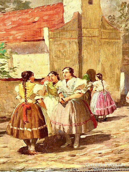 GYERTYÁNYI NÉMETH GYULA NAGYMÉRETÜ VIDÁM SZÍNES ÉLETKÉP 60x80cm