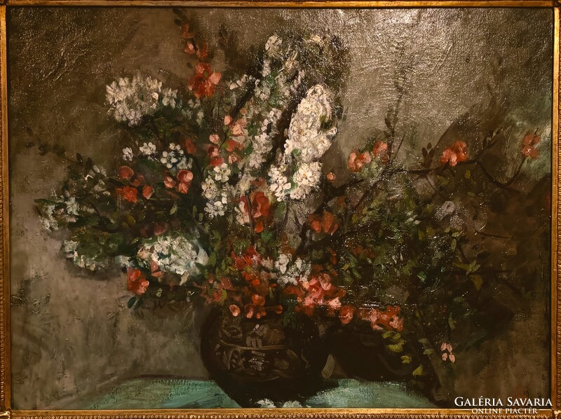 Hatalmas, Ősz Dénes (1915-1980) Virág csendélet. Olaj/vászon, 75x100cm plusz keret! Jelzett!