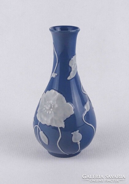 1U235 Ritka kék színű pipacsos - pate sur pate - Herendi porcelán váza 15.7 cm