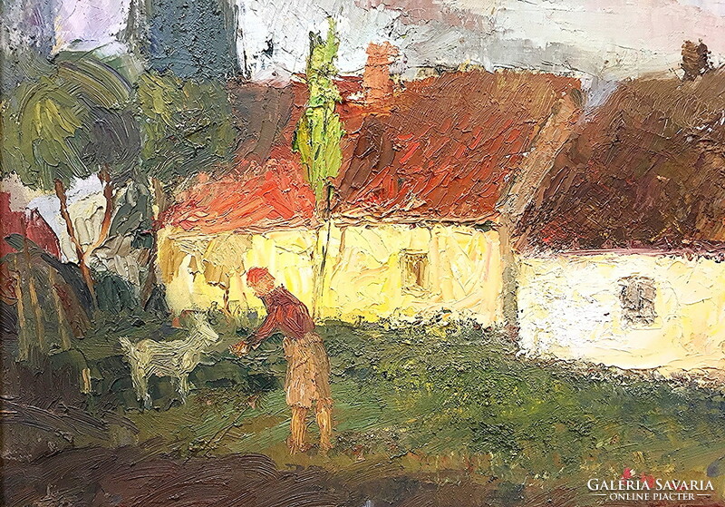 Udvardi Gyula (1925 - 2016) :Falusi udvar,1960,olaj-vászon