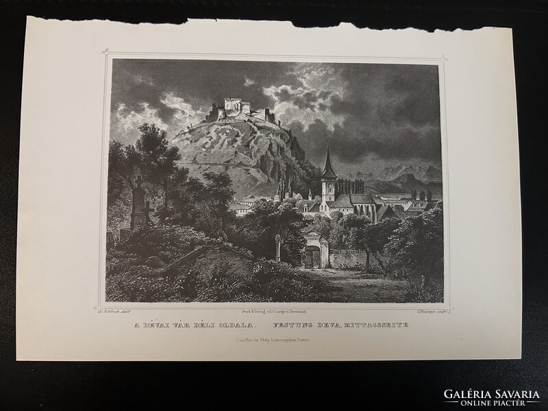 A dévai vár déli oldalról - Hunfalvy - Rohbock acélmetszet, reprint, Erdély, Románia