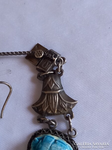 Vintage Antik Egyiptomi Szkarabeusz Ezüst karkötő Fülbevalò Szett