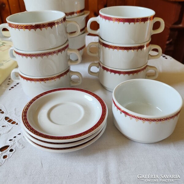 6 db Alföldi porcelán két füles leveses csésze, 3 db alátét 1 db cukortartó