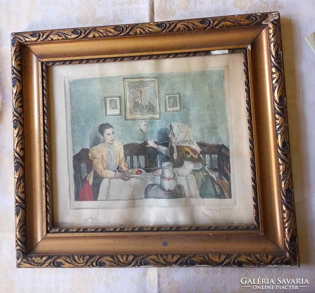 Fényes Adolf: Látogatás. Színezett rézkarc szakvéleménnyel