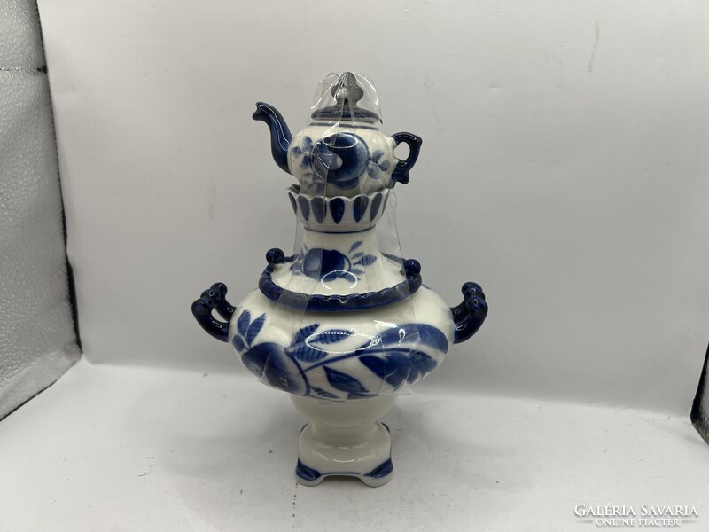 Retró kézzel készített orosz porcelán GZHEL SZAMOVÁR cukortartó,20x13cm.7289