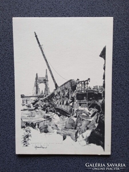 D206280 Budapest -Buda az ostrom után - Az Erzsébethíd budai romjai - képeslap 1945 - Pfannl Egon