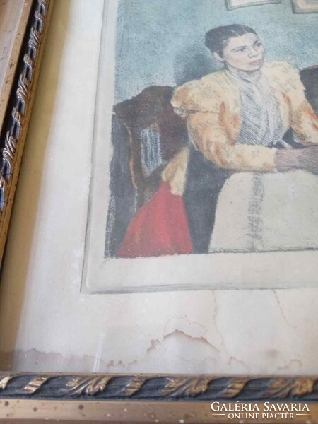 Fényes Adolf: Látogatás. Színezett rézkarc szakvéleménnyel