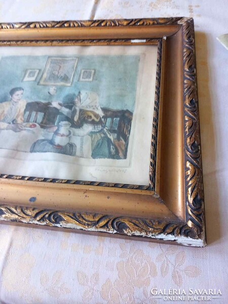 Fényes Adolf: Látogatás. Színezett rézkarc szakvéleménnyel