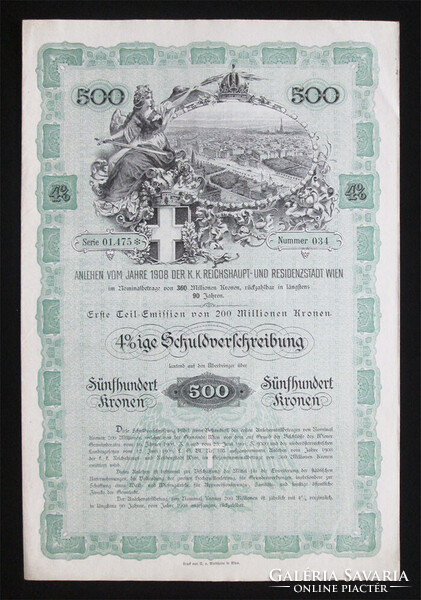 Bécs város 4%-os kötvénye 500 korona 1908 /AUT/