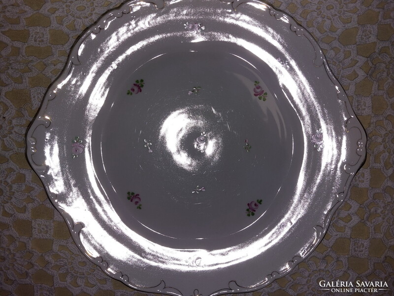 Régi Hollóházi gyönyörű rózsamintás porcelán füles tortás, kínáló, süteményes tál, jelzett kézzel fe