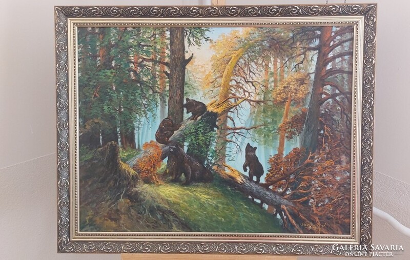 Karlovits erdei tájkép festmény macikkal  90X70 cm kerettel