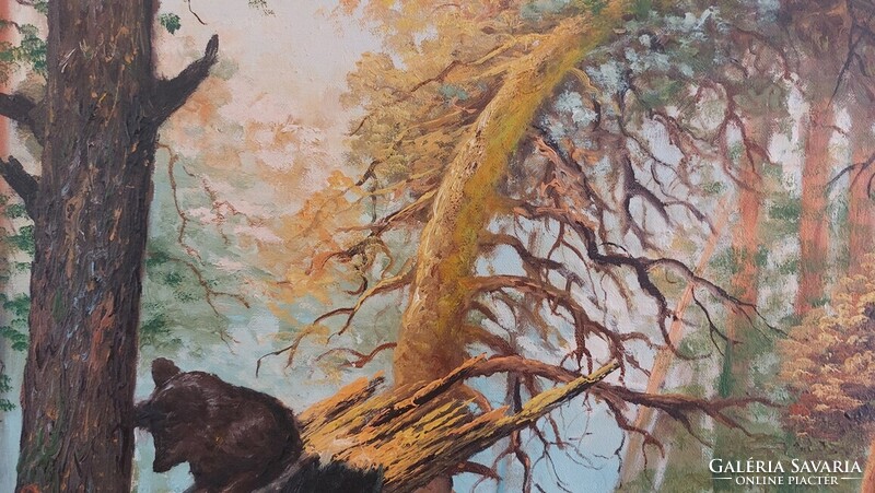 Karlovits erdei tájkép festmény macikkal  90X70 cm kerettel