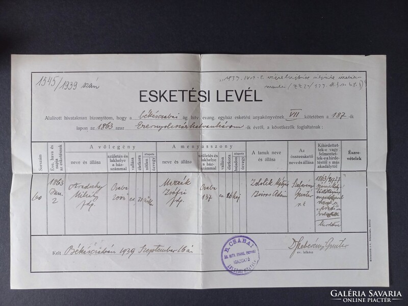 Esketési levél 1939-es másolata Békéscsabán kiállítva