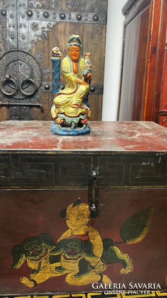 Antik Kuan Yin fa faragott aranyfestésű szobor, keleti, ázsiai, japán