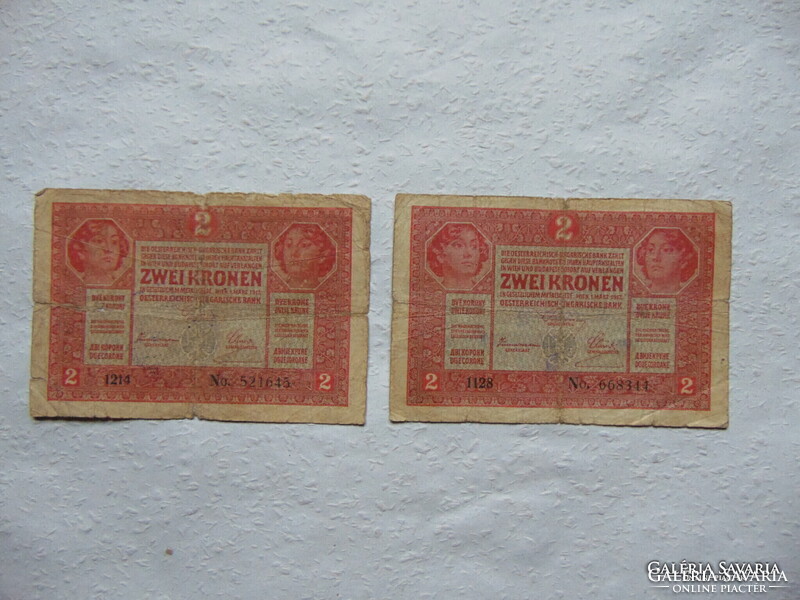 2 darab 2 korona bankjegy 1917 + RITKA Felülbélyegzés  Használt bankjegyek