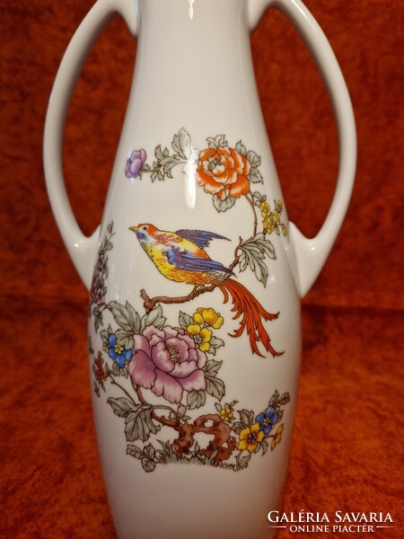 1 Ft-ról! Hollóházi ,,paradicsommadaras" nagyméretű, 36,5 cm magas füles porcelán váza, hibátlan