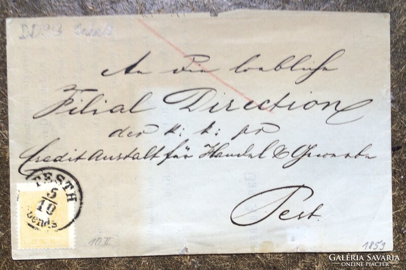 Ddsg. / Creditanstalt Filial Pest. / 1858 2 kr.bélyeg levélen OPM.