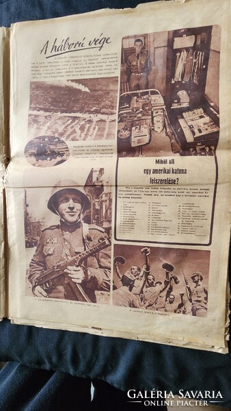 1945 ÚJSÁG MAGAZIN HÁBORÚ VÉGE AMERIKAI KATONA SZEMÉLYI FELSZERELÉSE CSODABÁR JÁVOR HONTHY