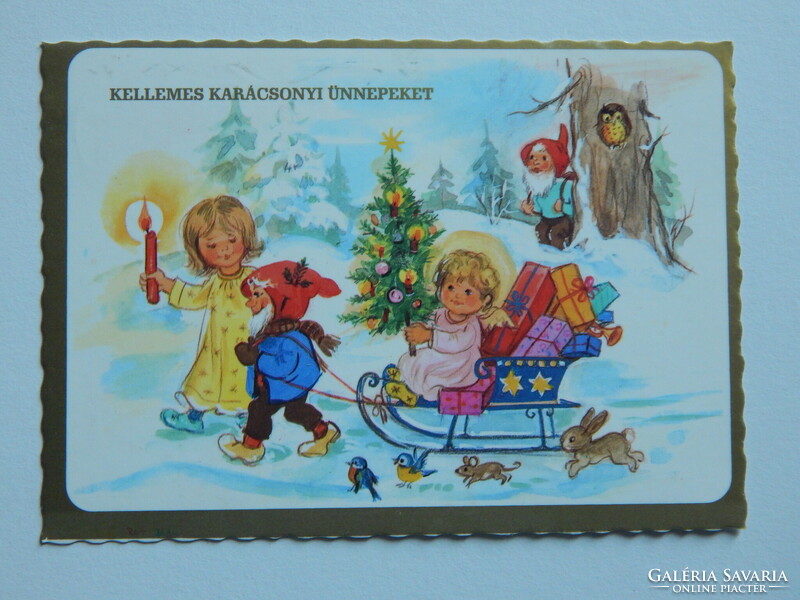 Képeslap: modern karácsonyi üdvözlet - angyalkák és manók