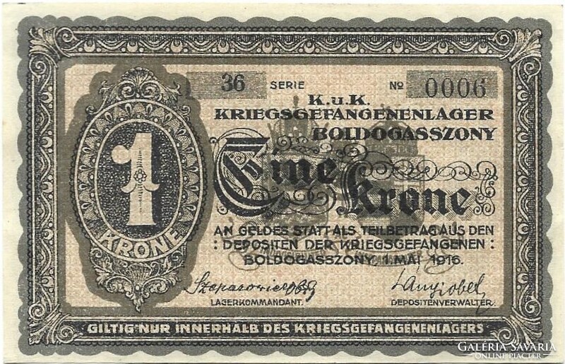 1 korona 1916 K.u.K. Boldogasszony Hadifogoly-tábor Hajtatlan aUNC Szuper alacsony sorszám "0006"