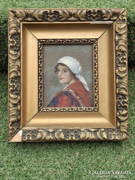 Bieder portré, női arckép, lány fehér fejkendővel