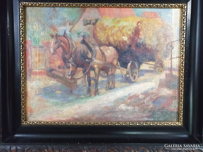 KARL WILHELM BERGMÜLLER /1864-1928/ NÉMET FESTŐMŰVÉSZNEK TULAJDONÍTVA - LOVAS SZEKÉR, SZÉNÁSKOCSI