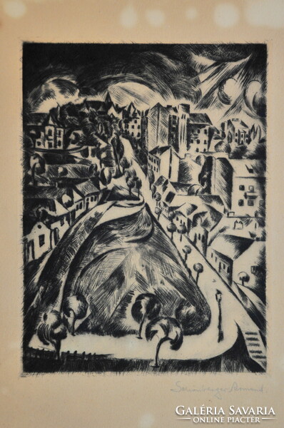 Schönberger Armand (1885-1974): Városi látkép, rézkarc