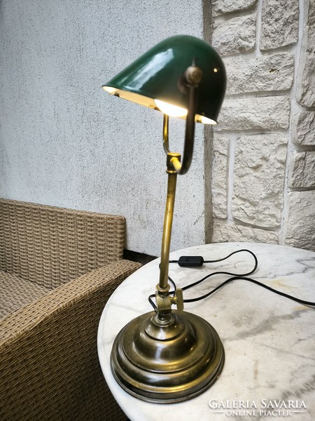 Antik asztali lámpa,Réz làmpa zöld zomànc búràs .