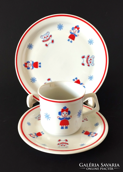 4 DB RÉGI SZÉP RITKA ZSOLNAY PORCELÁN MACIS GYEREK ÉTKÉSZLET,SZETT