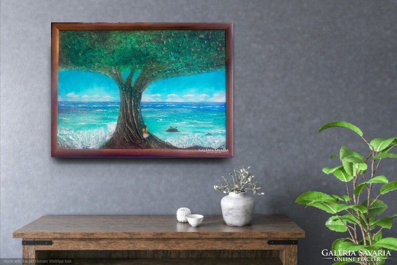 Csendes-óceán. 70x100 cm-es zománckép.  Károlyfi Zsófia Prima díjas művész alkotása tanúsítvánnyal.